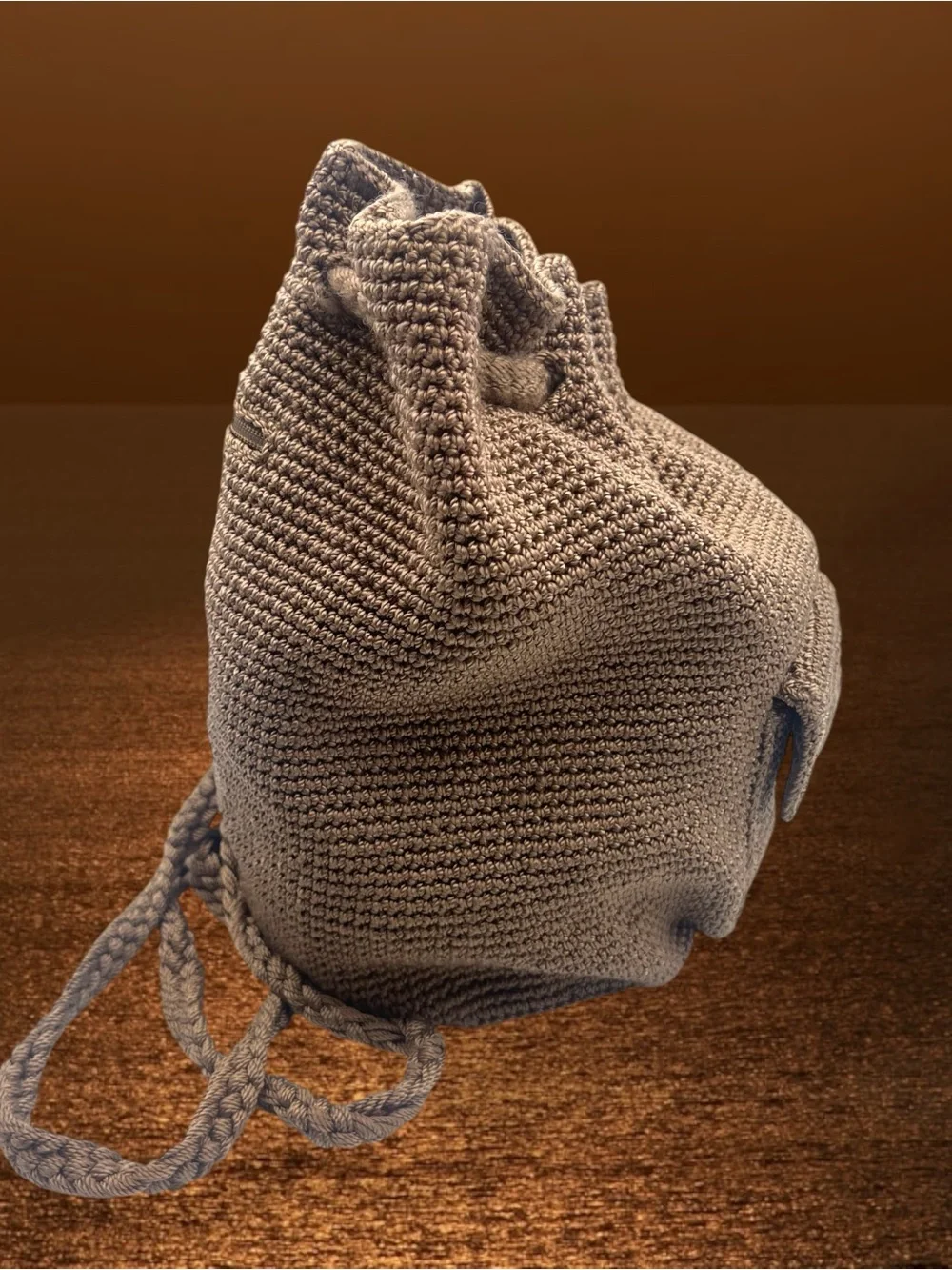 Vintage The Sak Beige Crochet Drawstring Backpack Boho Bucket Bag